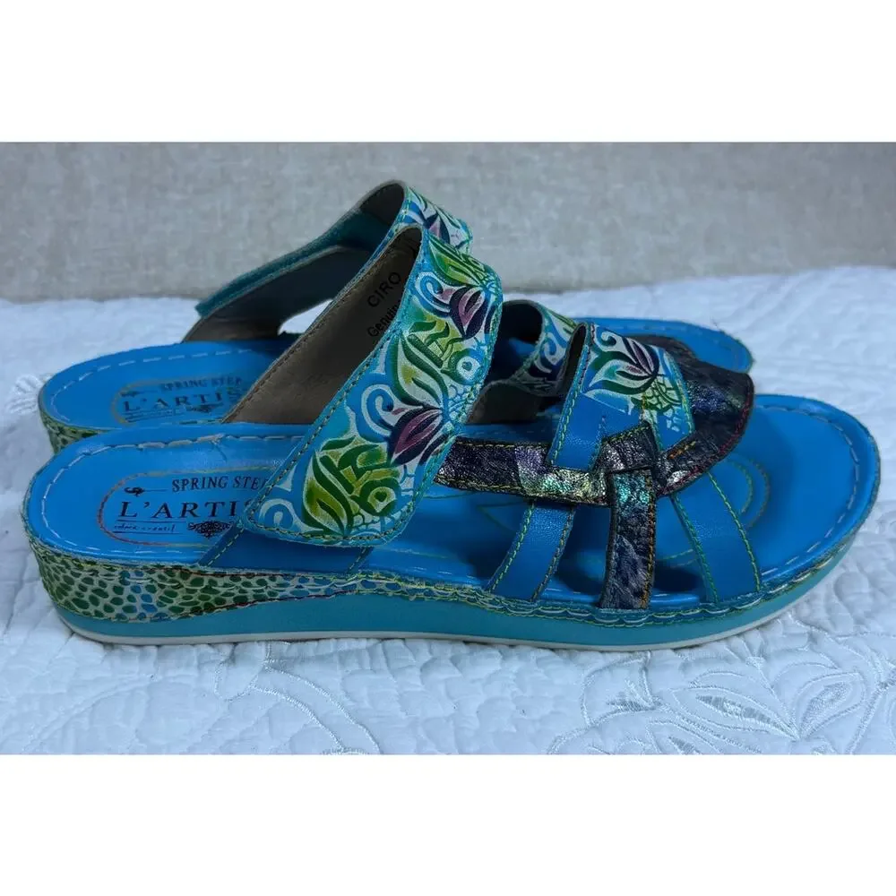 L'Artiste Women's Blue 9 Spring Step Caiman Leather Slide Comfort Sandals Shoes